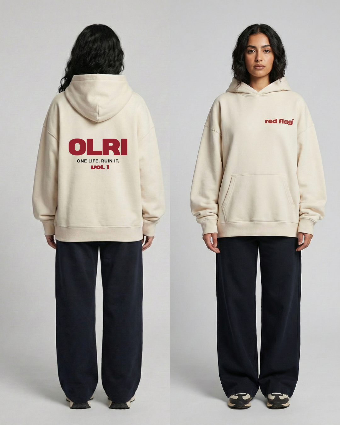 Person wearing a beige hoodie with red text, standing back and front on a plain background